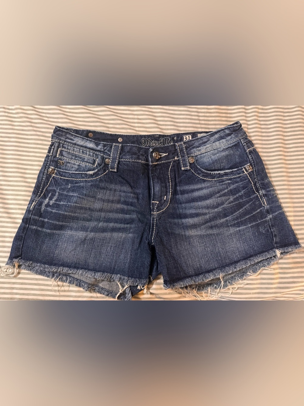 Miss Me Dark Blue Frayed Hem Denim Shorts